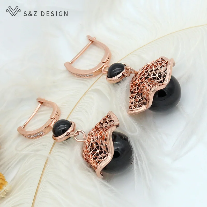 S&Z DESIGN New Blue Black Onyx Agates Round Natural Stone Dangle Earrings For Women 585 Rose Gold Color Jewelry Gift