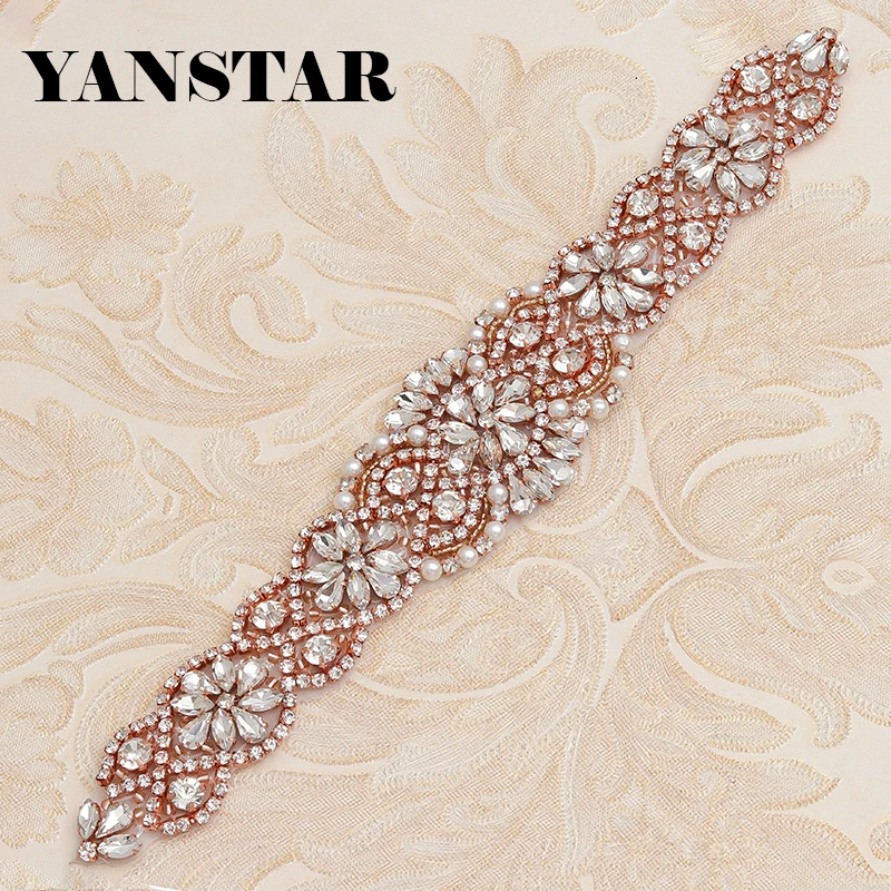 

YANSTAR(5pcs) Wholesale Rhinestones Appliques For Wedding Dress Sash Rose Gold Clear Crystal Rhinestones Applique YS836