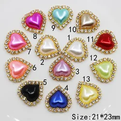 New 10pc 21*23mm Gold Base Pearl Buttons Rhinestone Heart Metal Wedding Invitations Decorate DIY Hair Flower Center Scrapbooking