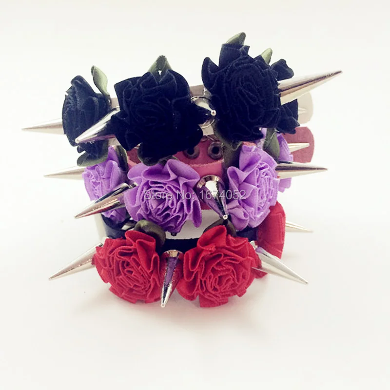 Cute Lolita Harajuku Handcrafted Rose Flower Long Spikes Leather Bangle Bracelet Wristlet Handcuff Hand Cuff