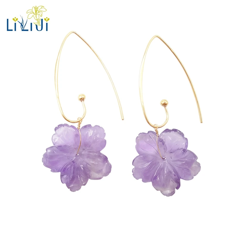 Lii Ji kamień naturalny lawenda ametyst kwiaty 925 srebro 18K pozłacane wypadania Dangle kolczyki kobiety prezent Dropshipping