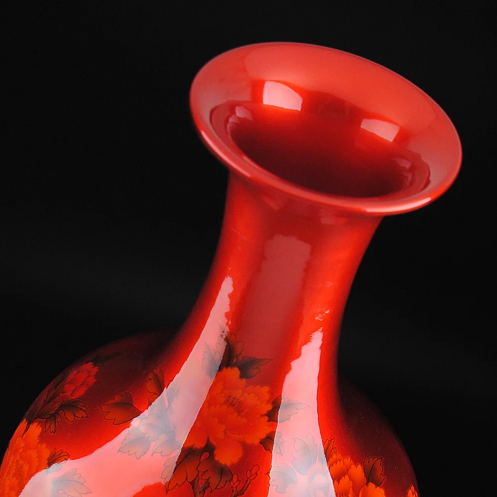 Chinese-style Crystal Glaze Ceramic Red Peony Vase Porcelain Vases For Artificial Flower Decoration Vases