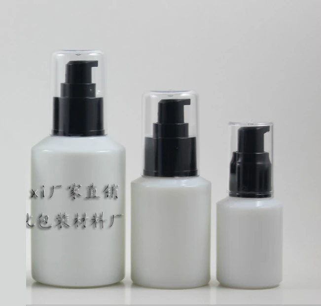 

50pcs empty 30ml round white color glass lotion bottle with black pump,glass 1 ounce cosmetic packing for liquid cream