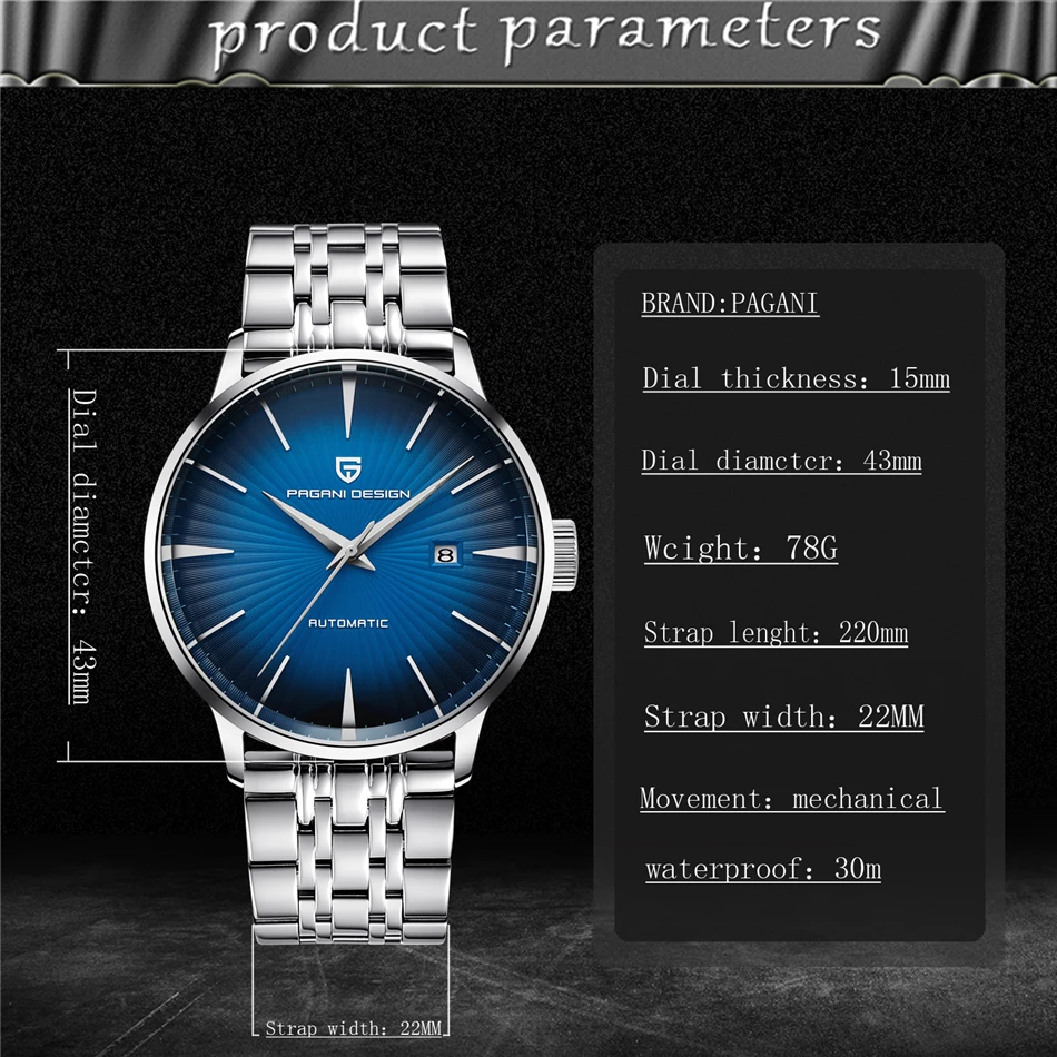 PAGANI DESIGN Men\'s Fashion Casual Mechanical Watches Waterproof 30M Stainless Steel Brand Luxury Automatic Business Watch saat