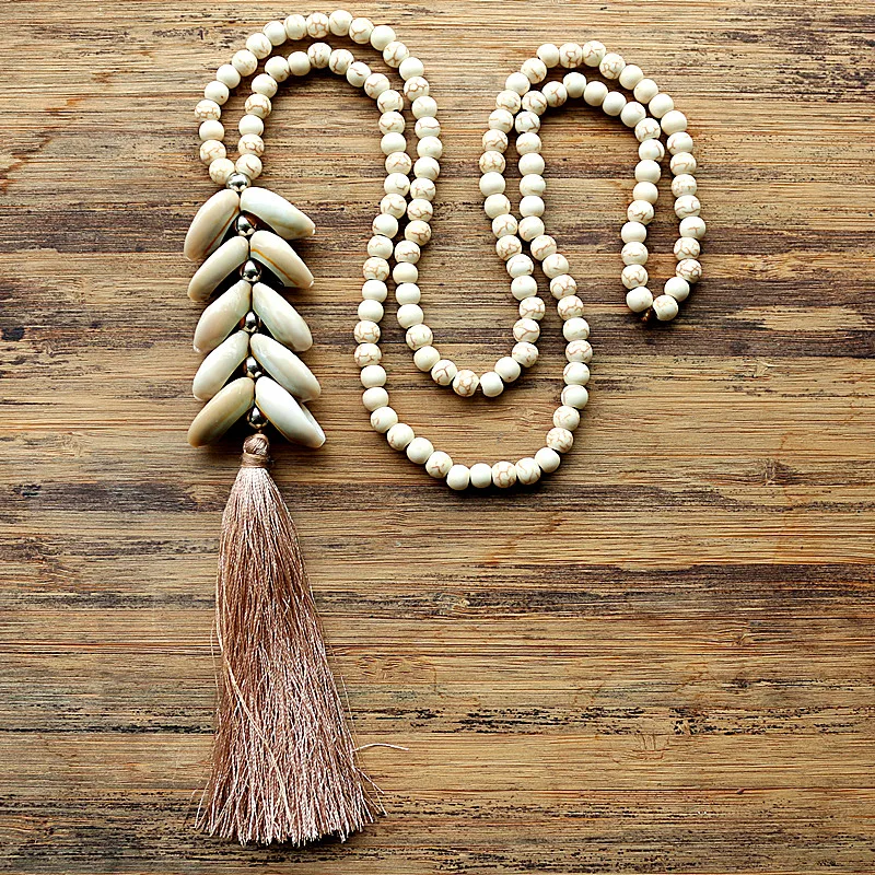6mm White stone bead necklace with handmade Natural shell tassel long necklace for women jewelry