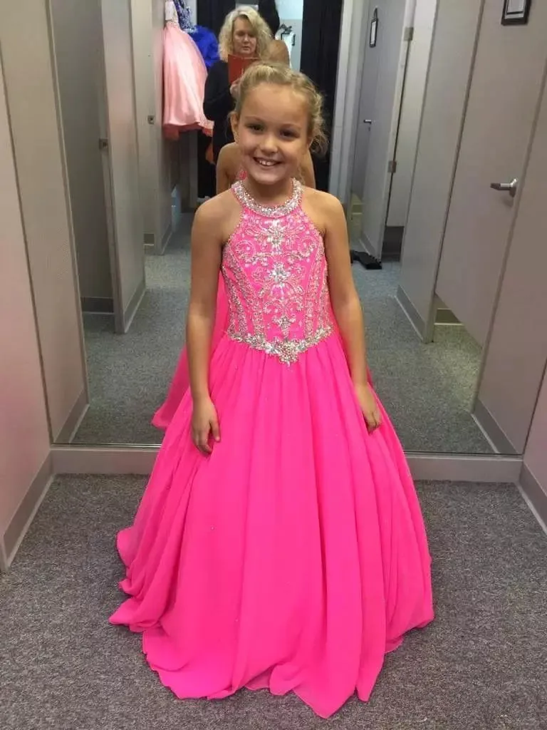 2020 fúcsia little girls pageant vestidos frisados cristais uma linha cabresto pescoço crianças criança flor baile de formatura vestidos de festa para casamentos