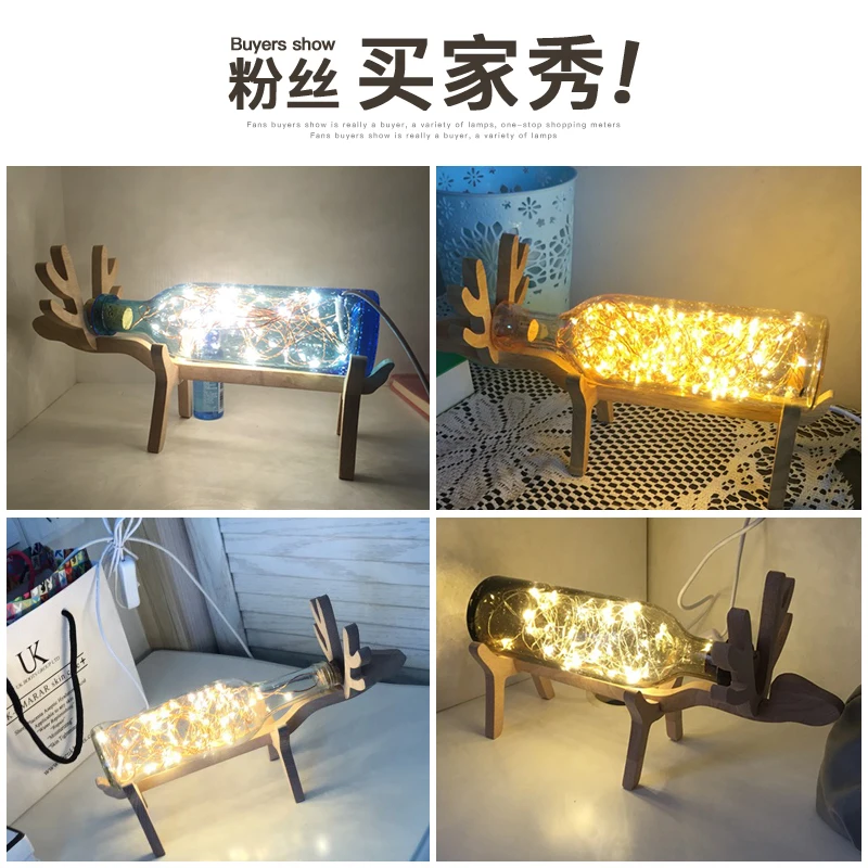 Nordic Wood Deer desk Lamp LED Strip Lights Glass Bottle Night Lights Art Deco USB Lighting Chirstmas Birthday Gift for room