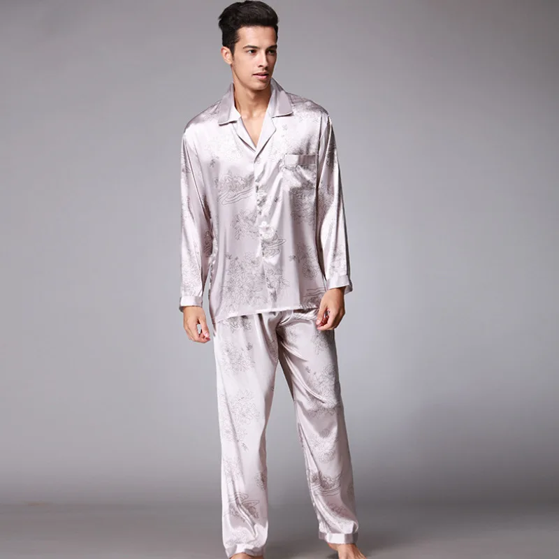 

New 2pcs Chinese Men's Satin Silk Turn-down Collar Pajamas Sets Long Sleeve Pyjama Suits Casual Sleepwear Pijama B-6754