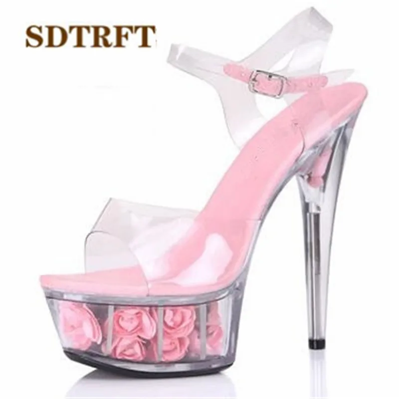 SDTRFT SUMMER transparent Stilettos zapatos mujer 15cm thin heels Flowers platform sandals Ankle strap shoes woman wedding pumps