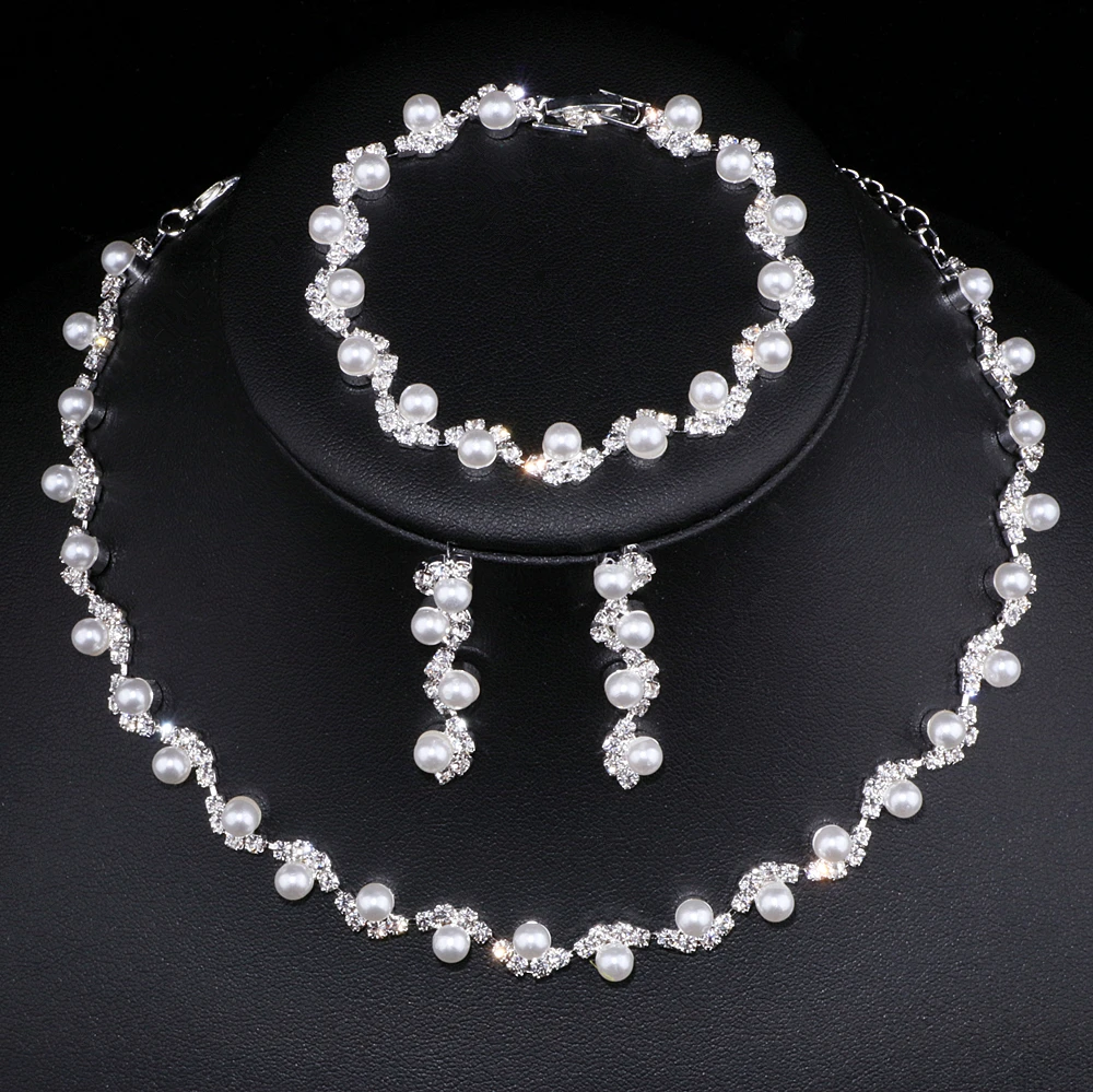 Newest Simulated Pearl Bride Wedding Jewelry Sets Elegant Crystal Necklace Earrings Bracelets Sets Women Party Accessories WX040