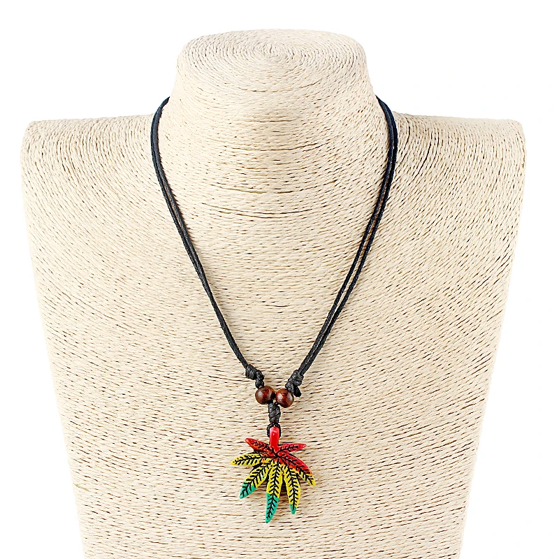 1pcs Resin White Brown Rasta Style Pot Leaf Weed Leaf Necklace Black Wax Cotton Cord Adjustable Jewelry