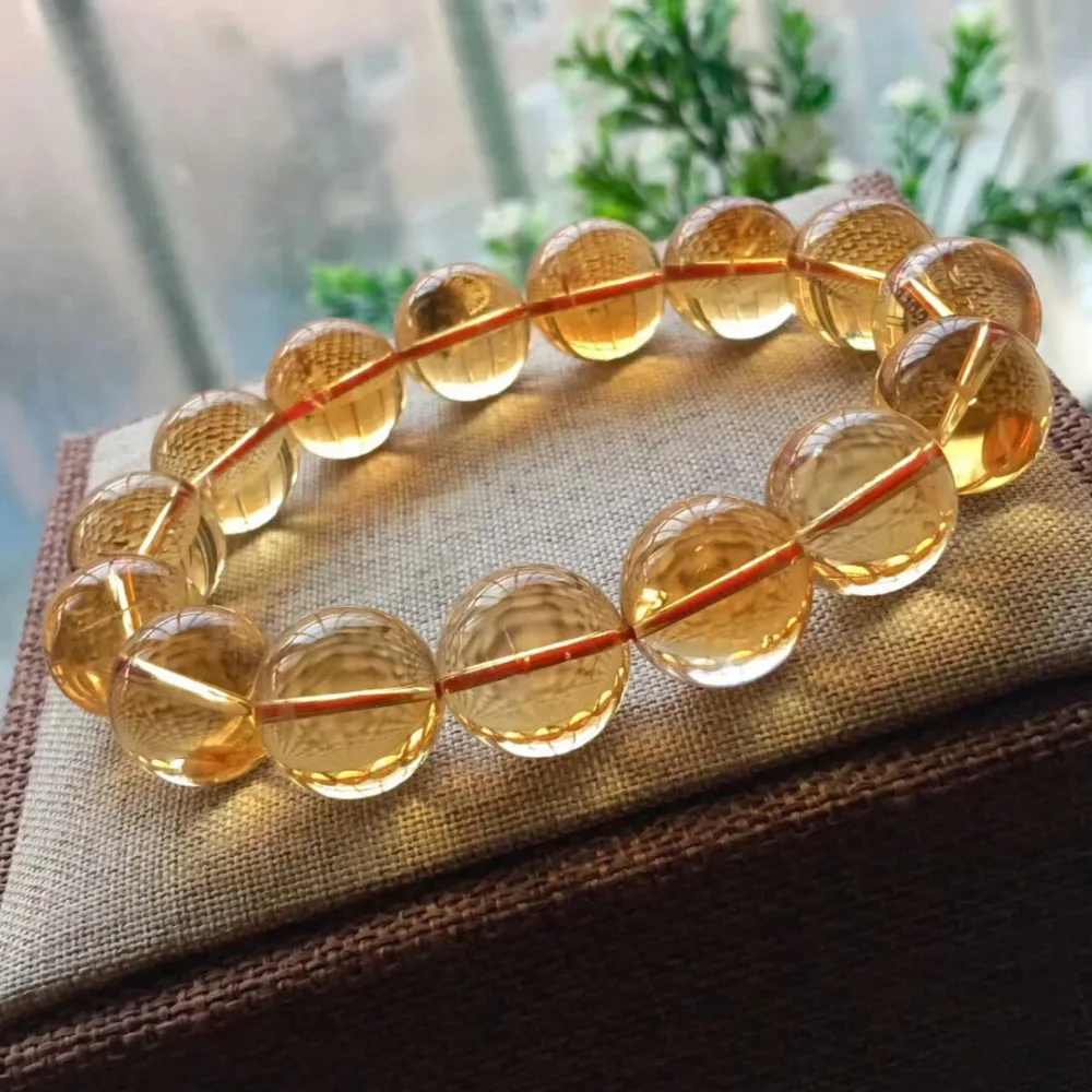 14mm Natural Yellow Citrine Bracelet Jewelry For Women Lady Men Wealth Love Luck Gift Crystal Clear Beads Stone Strands AAAAA