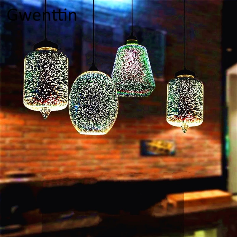 3D Illusion Mirror Glass Pendant Lights Vintage Loft Industrial Hanging Lamp Led Firework Lights for Kitchen Lighting Fixtures