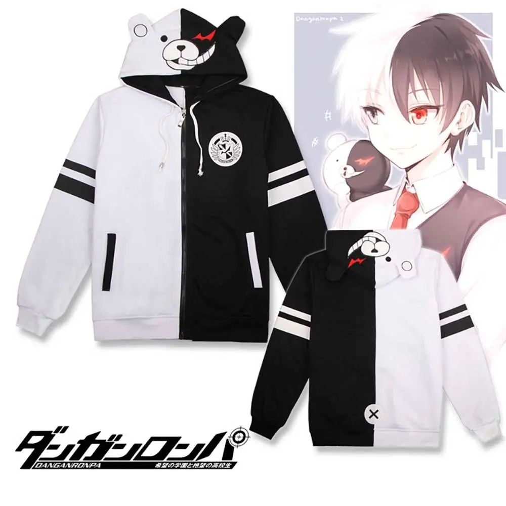 

Anime Danganronpa Monokuma Cosplay Costume Unisex Hoodie Sweatshirt Hooded Black White Bear Long Sleeve daily casual coat Jacket