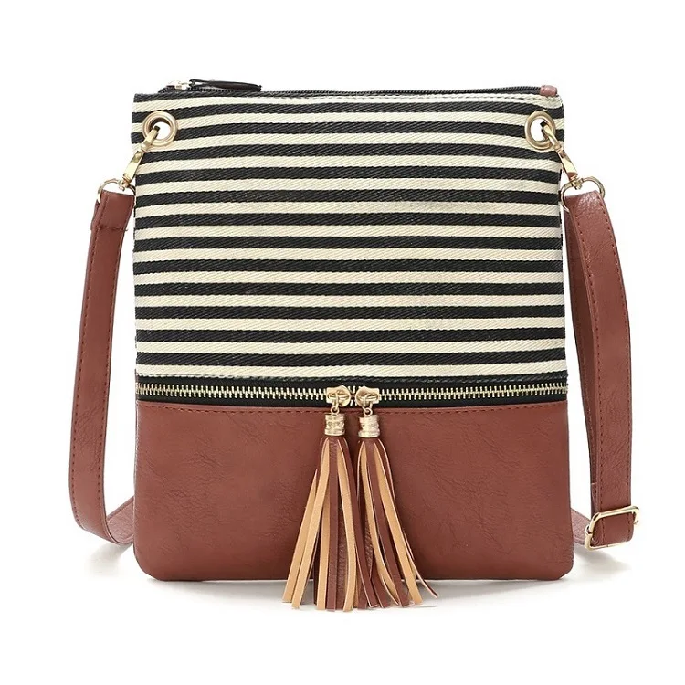 Gykaeo 2024 New Female Canvas Shoulder Bag Ladies Stitching Color Leather Crossbody Bags for Women Fringed Small Messenger Bags