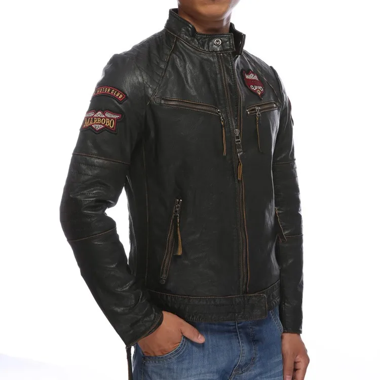 Skulls genuine black cowskin motorcycle Indian chief pattern wind jacket biker leather coat men