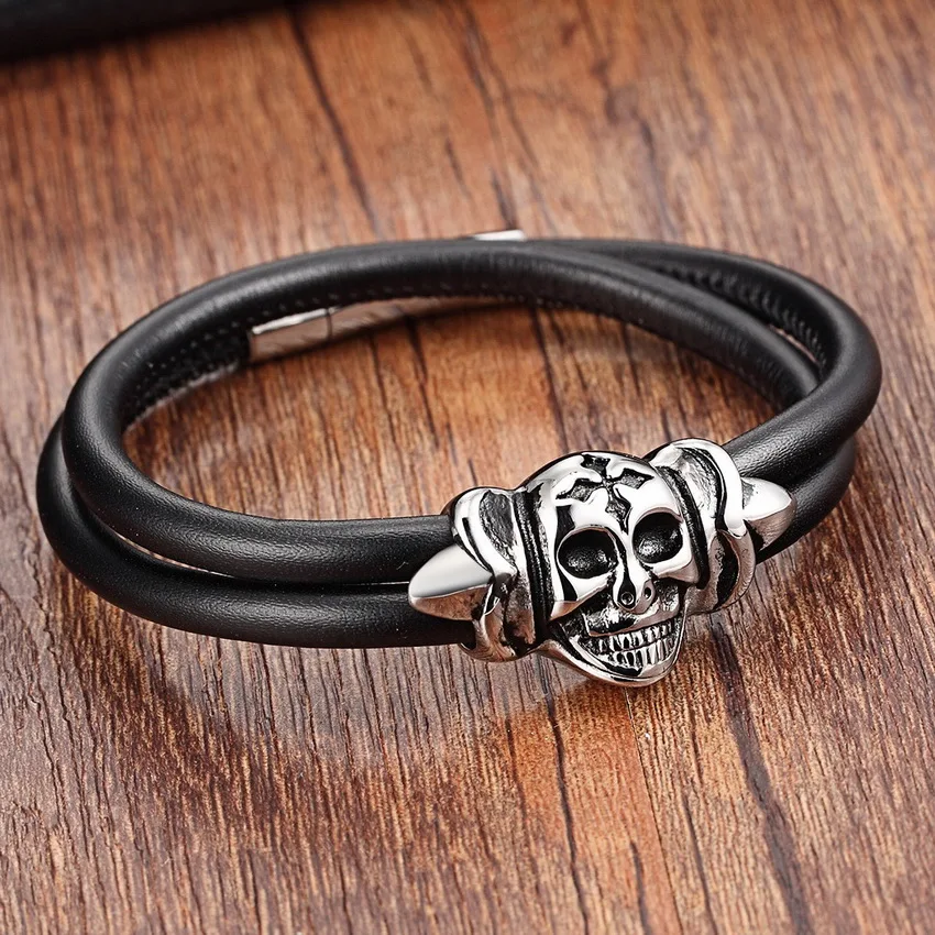 XQNI Black Genuine Leather Bracelet New Arrival Interlocking Design Clown Pattern Happy&Special Jewelry For Birthday Party Gift