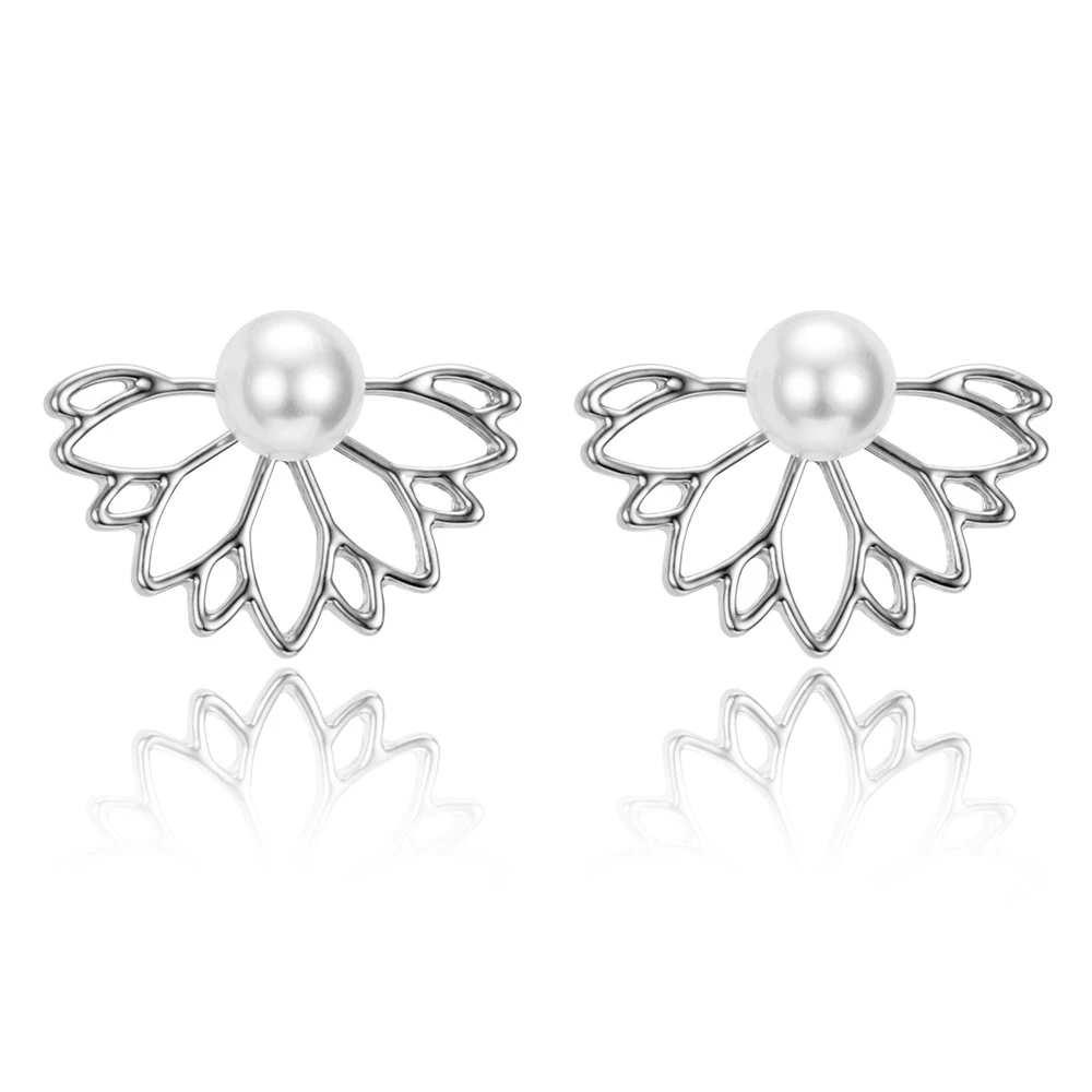 IPARAM Lotus pearl Jacket Flower Stud Earrings For Women fashion Jewelry Double Sided Gold Silver Plated earrings