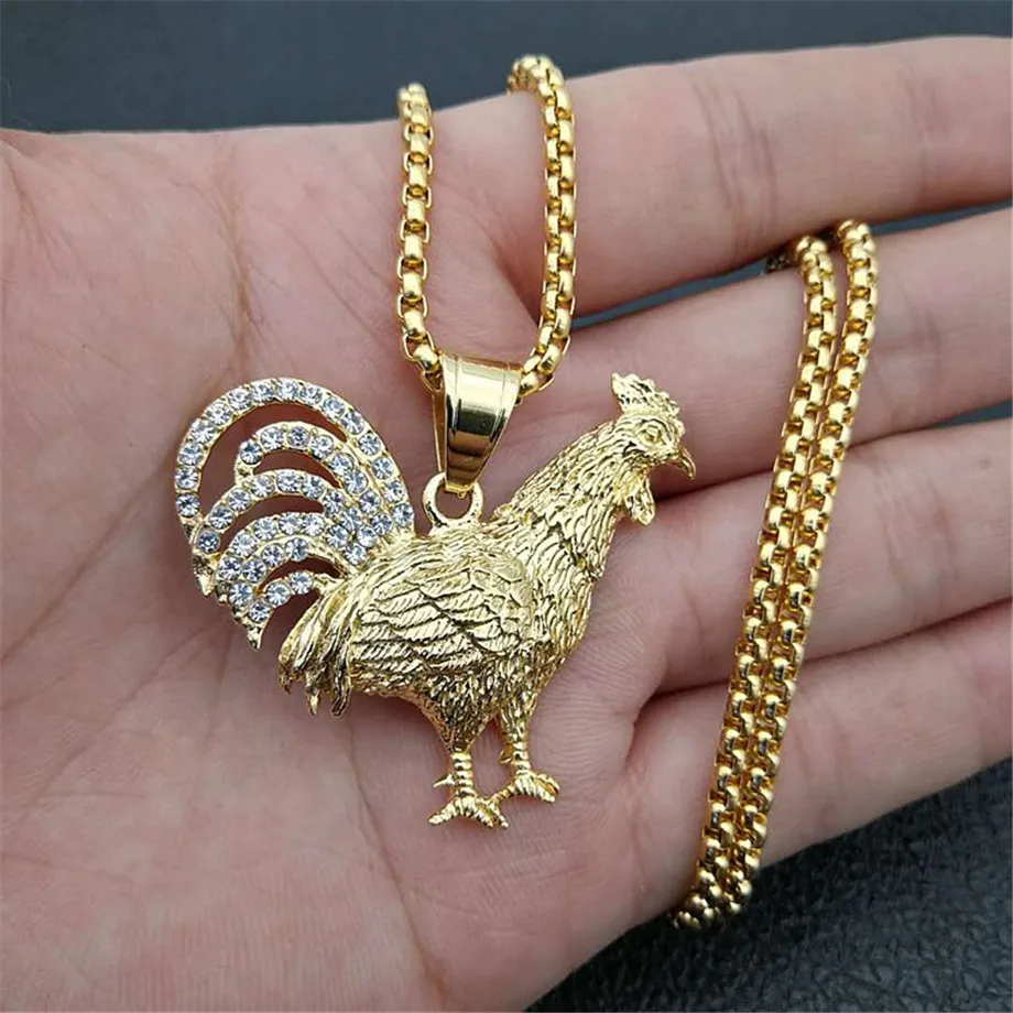 Hip Hop Iced Out Bling Gallic Rooster Pendant Necklce For Men/Women Gold Color Stainless Steel French Jewelry Gift Collier