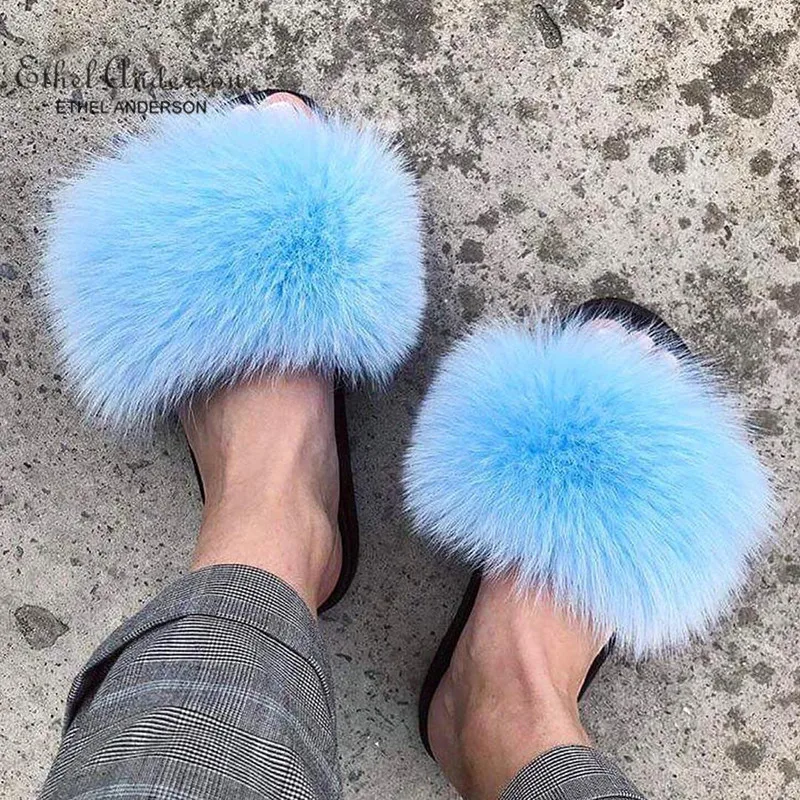 Women's Furry Slippers Ladies Real Plush Fox Raccoon Hair Slippers Good Quality Slide On Indoor Outdoor Slippers