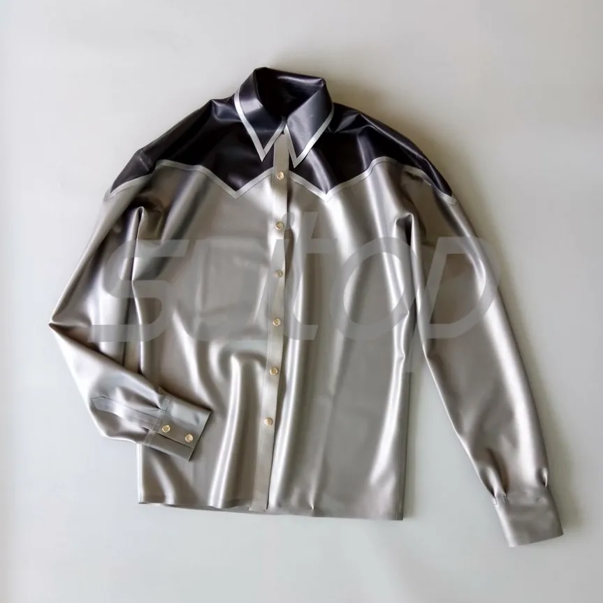 New Men's  Latex shirt rubber tops male's in Metallic silver