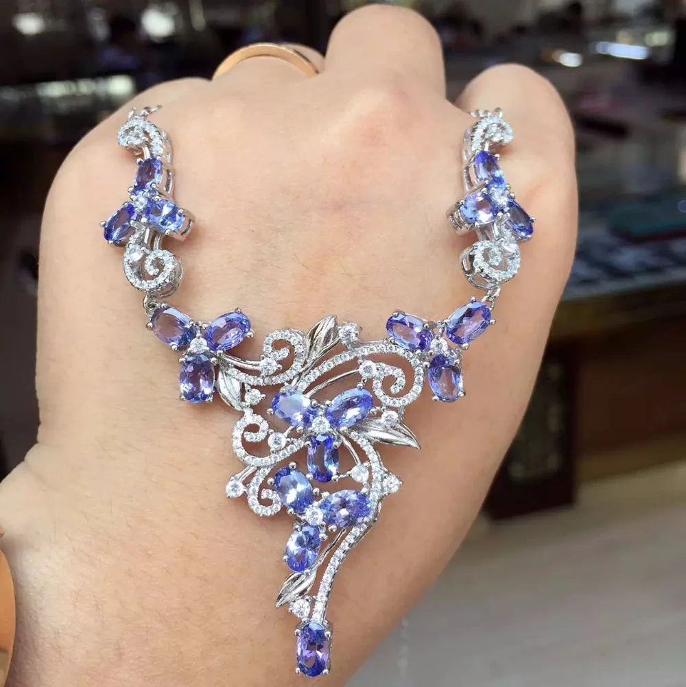 Natural tanzanite necklace, luxury necklace, cocktail party jewelry, woman mature charm, 925 silver