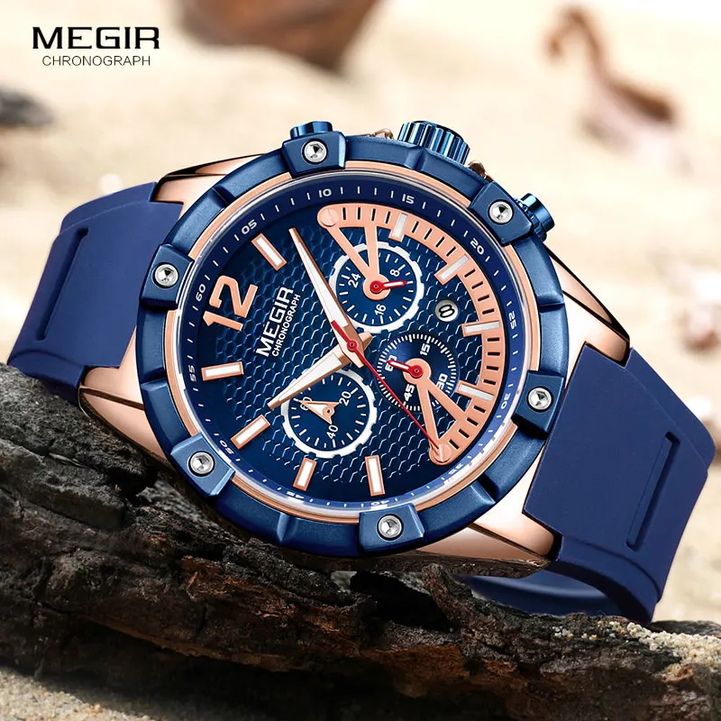 MEGIR Men\'s Sports Chronograph Quartz Wrist Watches Army Silicone Waterproof Stopwatch Relojios Masculinos Man ClockMN2083-2N0