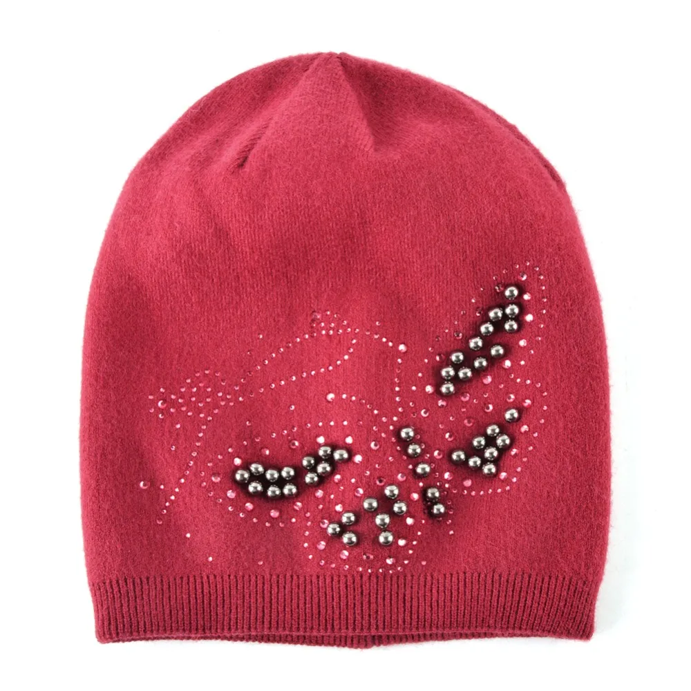 Ladies Knitted Bonnet Beanies Cap Women Pearls Butterfly Rhinestone Rabbit Wool Hat For Girls Autumn And Winter Female Skullies