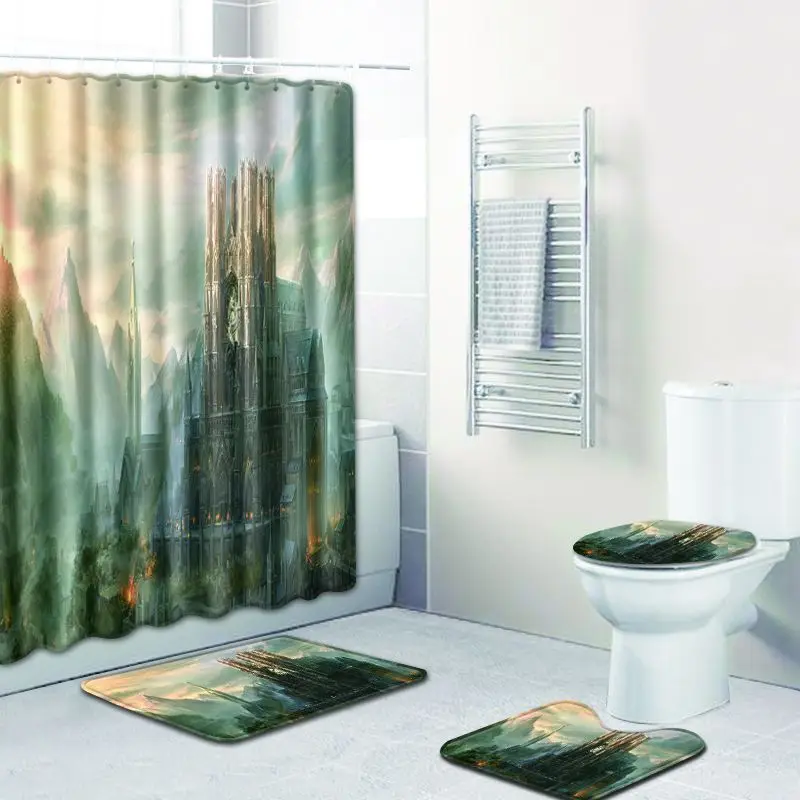 

4 Pcs/Set City Scenic Shower Curtain Bath Rug Set Toilet Cover Bath Mat Set Bathroom Accessories Curtains with Hooks