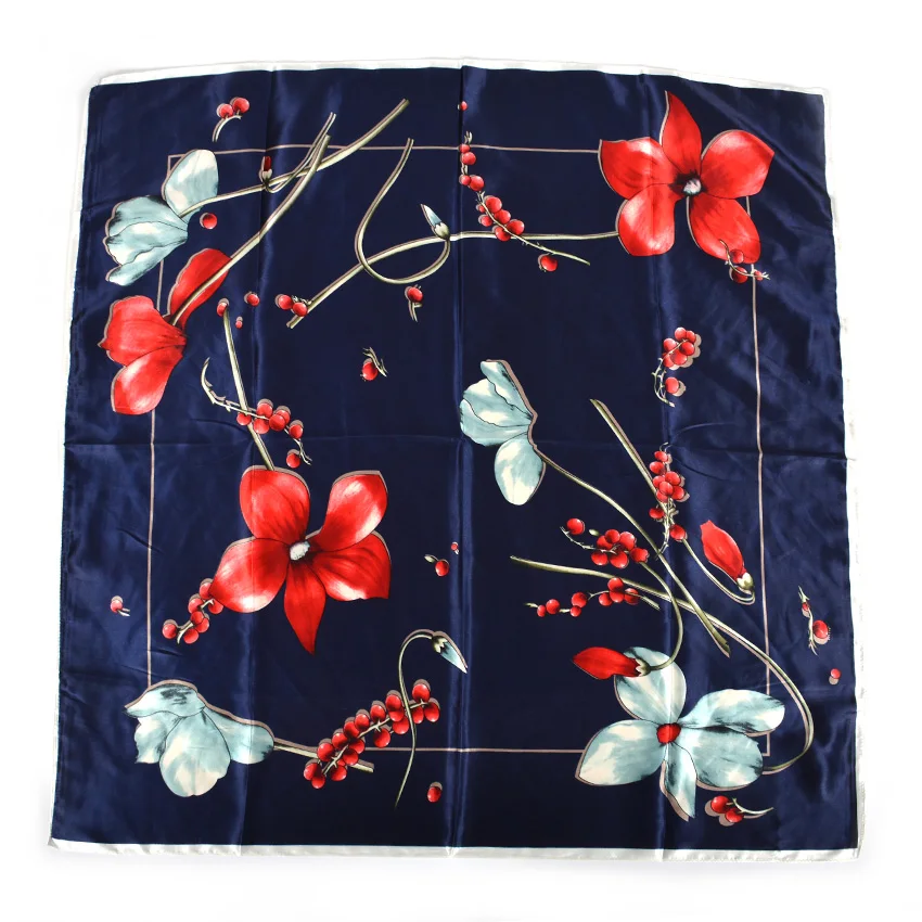 [BYSIFA] Women Navy Blue Satin Square Scarves Wraps New Brand Silk Scarf Shawl Spring Fall Floral Ladies Neck Scarf Cape 90*90cm