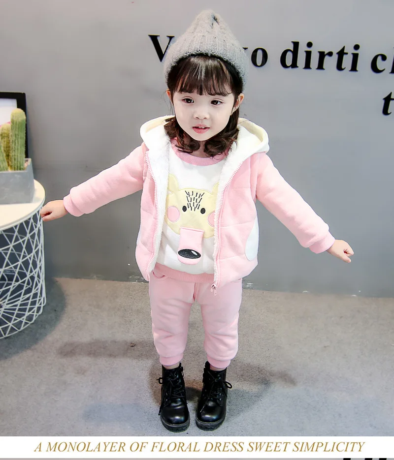 Winter kids clothes sets Cashmere thickening Keep warm cotton 3D Cartoon boy girl Plus thick velvet 3PCS baby clothes clothing