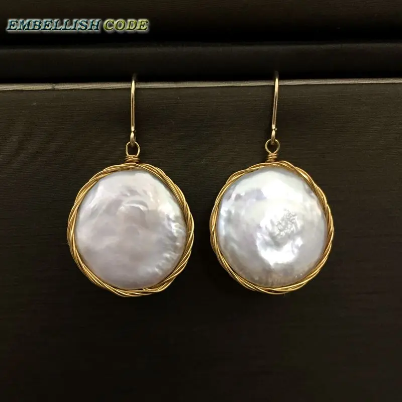 

NEW Design Hand made winding baroque stely coin button flat round shape white hook dangle earring golden wire Special for women