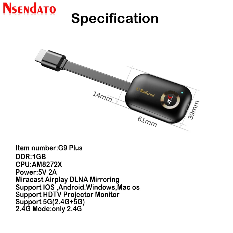 Mirascreen G9 Plus 2.4G/5G 4K Miracast Wifi dla DLNA AirPlay HD TV Stick Wifi Display Dongle Odbiornik do IOS Android Windows