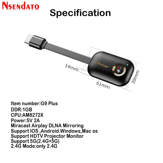 Mirascreen G9 Plus 2.4G/5G 4K Miracast Wifi dla DLNA AirPlay HD TV Stick Wifi Display Dongle Odbiornik do IOS Android Windows