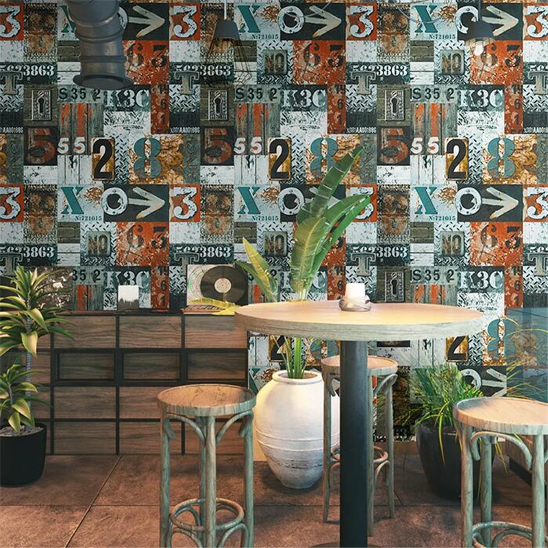 

beibehang High-end retro nostalgic English alphanumeric metal industrial wind new wallpaper restaurant bar background wall paper