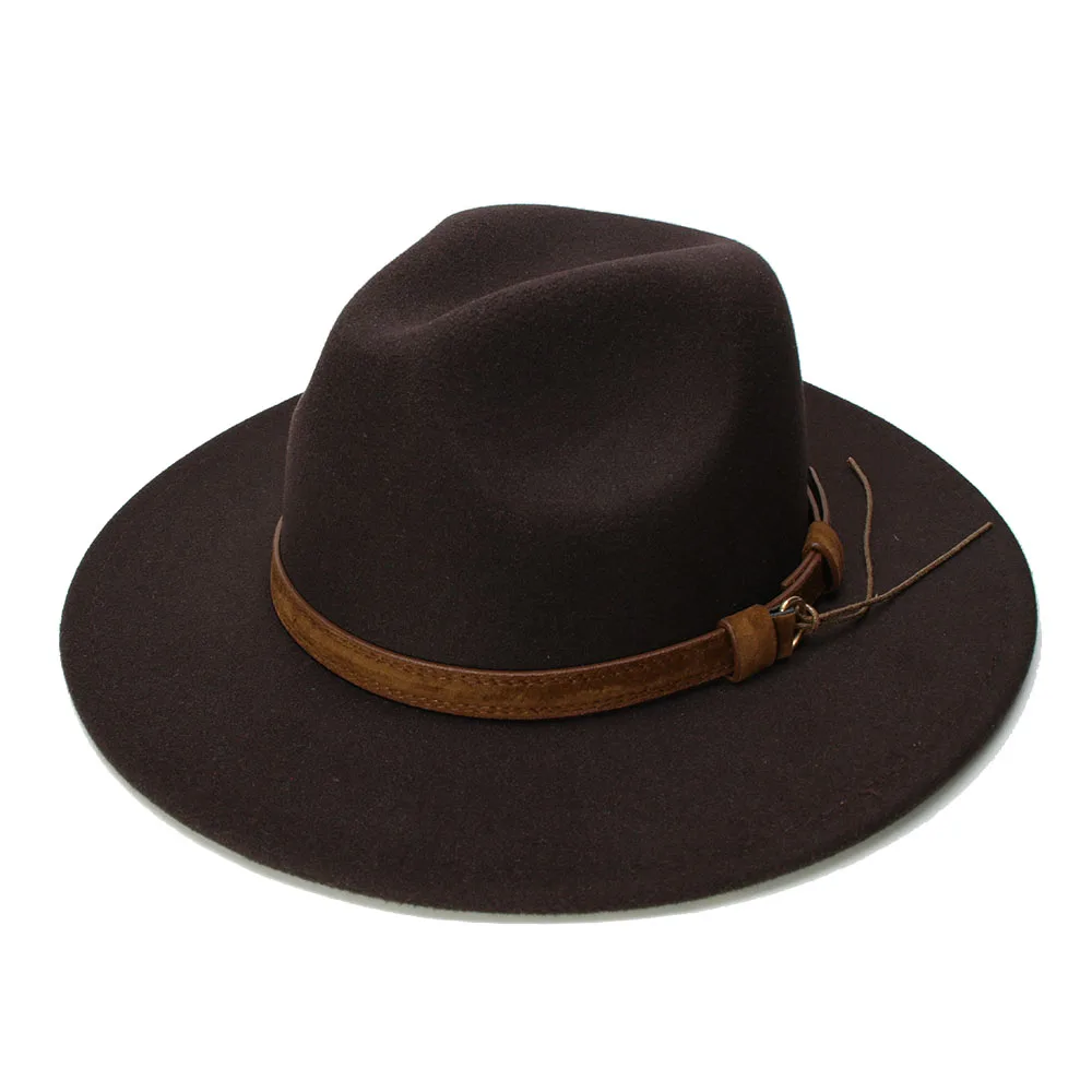 LUCKYLIANJI-Boné de aba larga de feltro retrô para homens e mulheres, chapéu Panamá Jazz Bowler, pulseira de couro vintage, Fedora 54, 57, 61cm