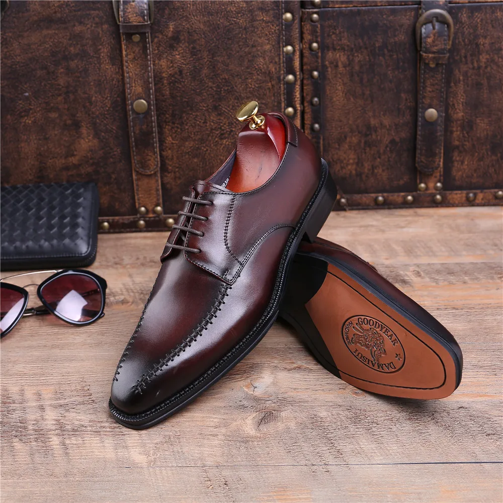 Brown Tan / Black Pointed Toe Business Shoes Mens Dress Shoes Genuine Leather Goodyear Welt Shoes Boys Prom Shoes