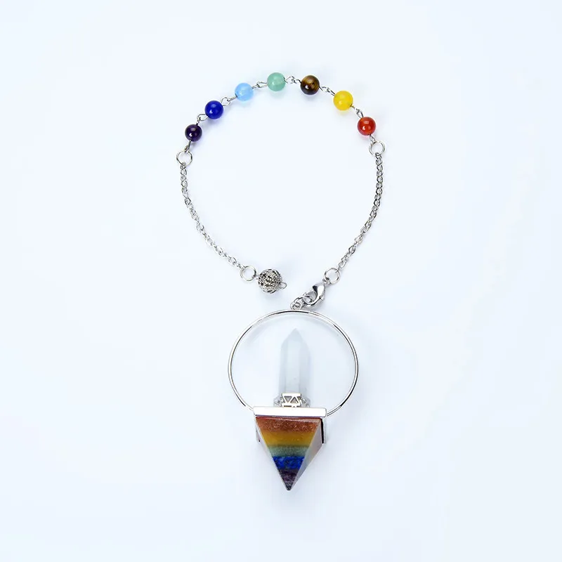 New Rainbow Layer Pyramid Circle 7 Chakra Chain Natural Stone Hexagon Prism Pendulum Reiki Chakra Charm Healing Pendant Jewelry