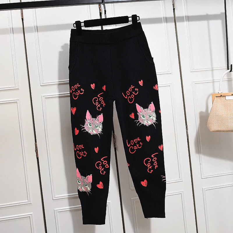 Chique Breisets 2019 Lente Herfst Schattige Kattentruien + Casual Broek Tweedelige Set Vrijetijdspak Voor Dames G065