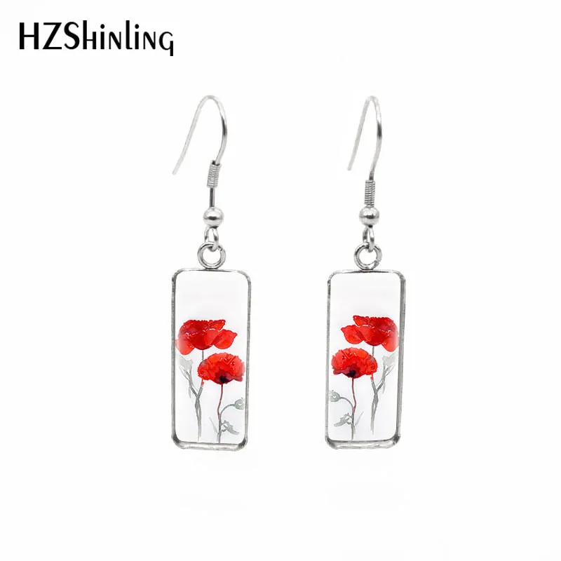 2019 New Red Blue Flowers Rectangular Earring Poppies Art Fish Hook Earring Glass Handmade Jewelry