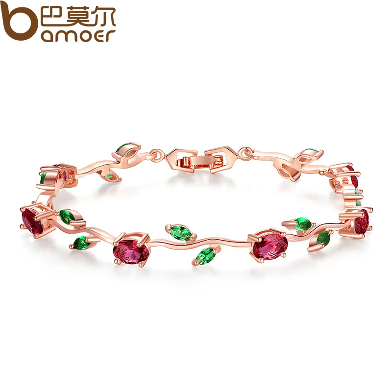 BAMOER  Rose Gold Color Leaf Chain & Link Bracelet with Red + Green AAA Zircon for Mother Gifts Jewelry JIB072