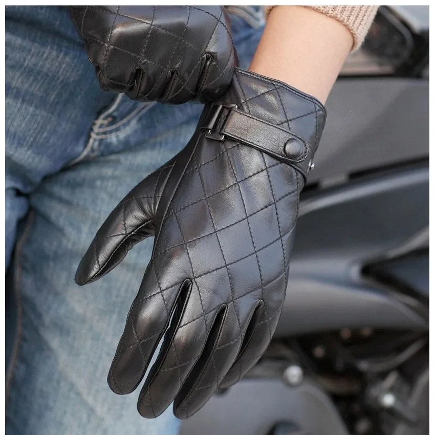 Black Men Touchscreen Leather Gloves Diamond Lattice Winter Warm Sheepskin Driving Glove High Quality Five Finger M020NC2