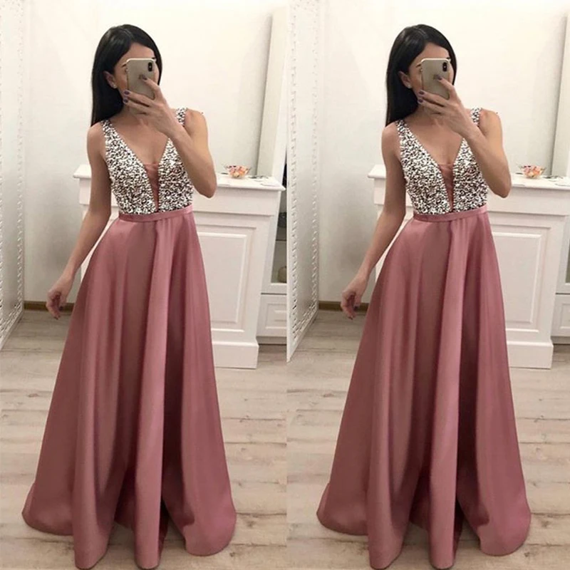 V-neck Prom Dresses Long Smoke Pink Satin Sequins Beaded 2019 New Vestido De Formatura Longo Formal Party Dresses Custom Made