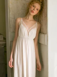 Sexy V-neck White Lace Nightgowns Women's  Sleeveless Sleepwear Loose Viscose Night Dress