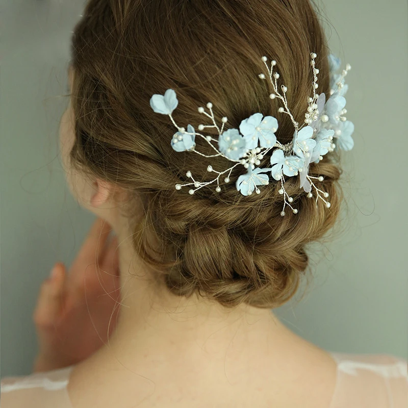 Jonnafe Light Blue Floral Hair Comb Wedding Accessories Pearls Bridal Hair Jewelry Handmade Women Ornaments
