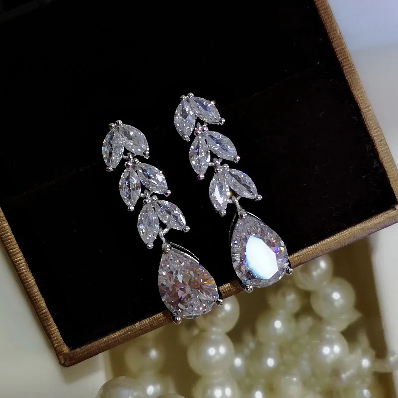 Fashion Super Shine AAAAA CZ Crystal Water Drop Earrings Flower Long Earrings 925 Silver Needle Earrings For Women Wedding