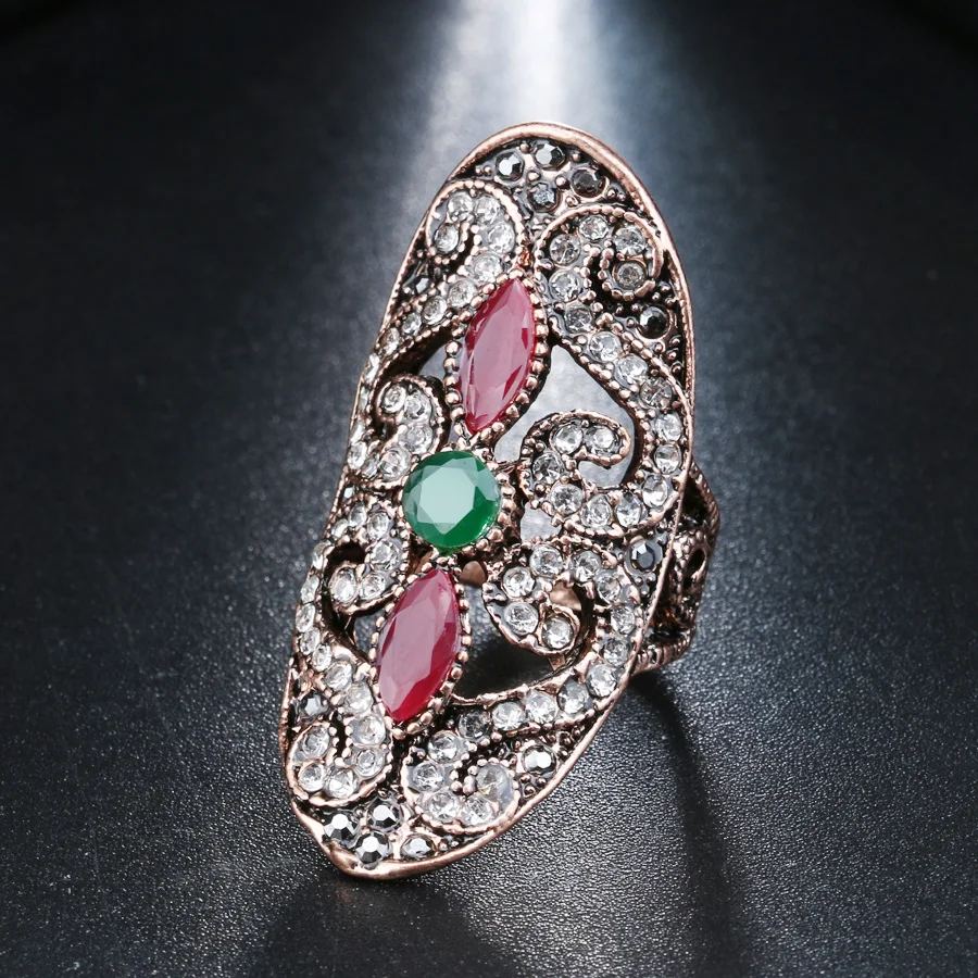 Kinel Vintage Ring Trendy Women Jewelry Gold Color Inlaid Red Resin Big Oval Party Crystal Antique Rings Turkish Jewelery 2020