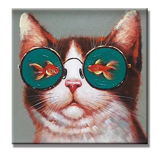 Top Artist Art Work Modern Animal Artwork 100% Hand-painted Oil Painting Cat loves Fish Wall Pictures Wall Art for Living Room