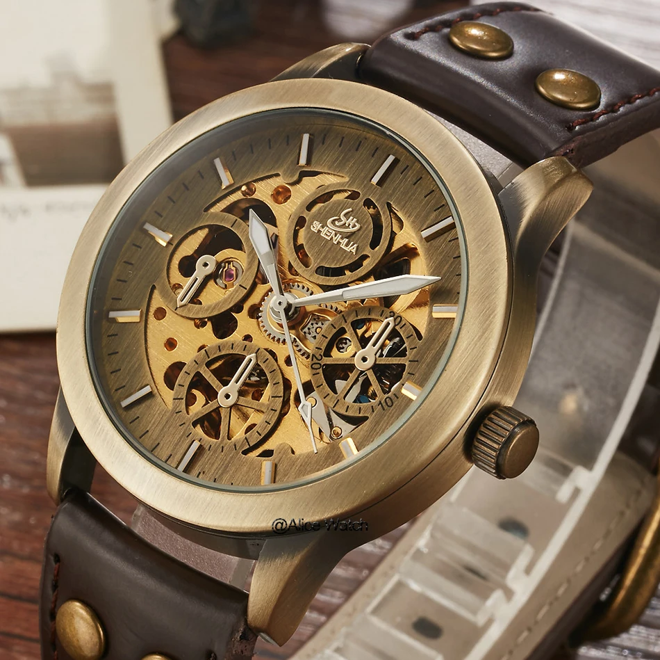 

SHENHUA Mechanical Watch Men Skeleton Automatic Self-Wind Watches Antique Bronze Retro Leather Wristwatch Male Relogio Masculino