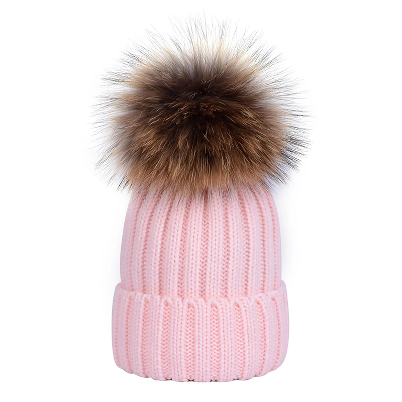 Thick Warm Adult Natural Raccoon Fur Ball Winter Hat Women Knitted Pom Pom Cap Beanies Caps Bonnet Homme